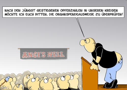 Cartoon: Angies Hell (medium) by Marcus Gottfried tagged hells,angels,angies,hell,rocker,bandidos,club,rotlicht,drogen,kriminalität,erschossen,organspender,spender,spendeausweis,prüfung