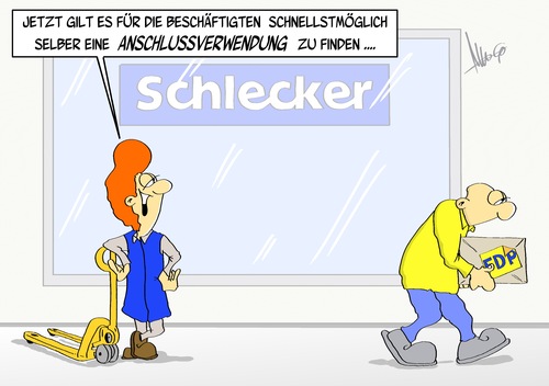 Cartoon: Anschlussverwendung (medium) by Marcus Gottfried tagged anschlussverwendung,arbeitslosigkeit,arbeitslos,fpd,bundestag,wahl,bundestagswahl,schlecker,frauen,verwendung,einkommen,schicksal,schadenfreude,abgeordneter,mitarbeiter,geschäft,pleite,büro,laden,marcus,gottfried,cartoon,karikatur,einzelhandel,verkauf,finden,suche,hartz,vier,fünf,prozent,abhängigkeit