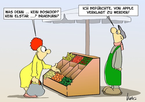 Cartoon: Appleklage (medium) by Marcus Gottfried tagged apple,samsung,patent,patentrecht,patentstreit,rechte,telefon,handy,mobiltelefon,iphone,ipad,galaxy,verbot,verkaufsverbot,usa,gericht,gemüse,obst,stand,markt,äpfel,boskoop,braeburn,elstar,klage,verklagen,rechtsstreit,apple,samsung,patent,patentrecht,patentstreit,rechte,telefon,handy,mobiltelefon,iphone,ipad,galaxy,verbot,verkaufsverbot,usa,gericht,gemüse,obst,stand,markt,äpfel,boskoop,braeburn,elstar,klage,verklagen,rechtsstreit,smartphone,computer,smartwatch