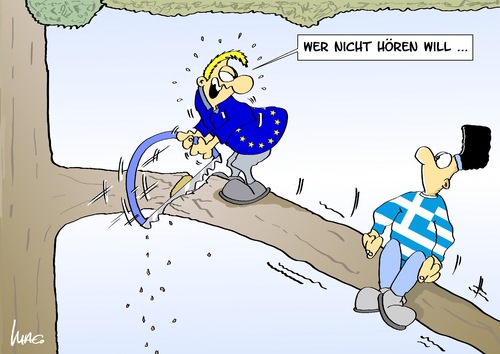 Cartoon: Ast sägen (medium) by Marcus Gottfried tagged griechenland,schulden,europa,finanzen,währung,austritt,union,eu,ast,säge,absägen,währungsunion,absturz