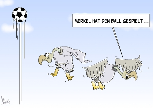 Cartoon: Ball gespielt (medium) by Marcus Gottfried tagged merkel,steinbrück,wahl,bundestagswahl,regierung,koalition,partner,cdu,spd,zusammen,kanzler,ball,fussball,spiel,fussballspiel,abstoß,himmel,geier,pleitegeier,vogel,schuss