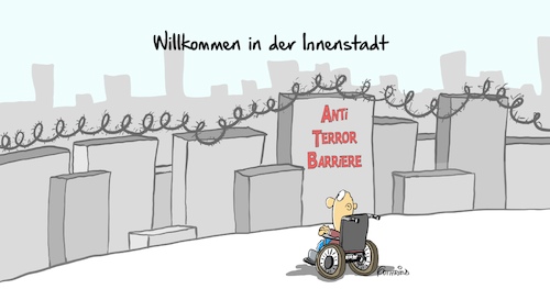 Cartoon: Barriere (medium) by Marcus Gottfried tagged terror,terrorabwehr,barriere,behinderung,behindert,zutritt,öffentlichkeit,schutz,rollstuhl,behindertengerecht,umbau,ausschluss,innenstadt,einkauf,randgruppe,abwägen,freue,marcus,gottfried,cartoon,karikatur,terror,terrorabwehr,barriere,behinderung,behindert,zutritt,öffentlichkeit,schutz,rollstuhl,behindertengerecht,umbau,ausschluss,innenstadt,einkauf,randgruppe,abwägen,freue,marcus,gottfried,cartoon,karikatur