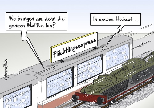 Cartoon: Begegnungsverkehr (medium) by Marcus Gottfried tagged verkehr,zug,waffen,export,verteidigung,flüchtling,flucht,asyl,widerstand,eisenbahn,transport,krieg,grund,befreiung,freiheit,marcus,gottfried,cartoon,karikatur,verkehr,zug,waffen,export,verteidigung,flüchtling,flucht,asyl,widerstand,eisenbahn,transport,krieg,grund,befreiung,freiheit,marcus,gottfried,cartoon,karikatur