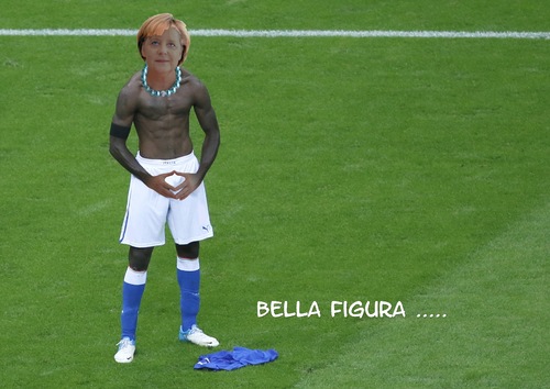 Cartoon: Bella Figura (medium) by Marcus Gottfried tagged europameisterschaft,deutschland,italien,halbfinale,mario,balotelli,angela,merkel,montage