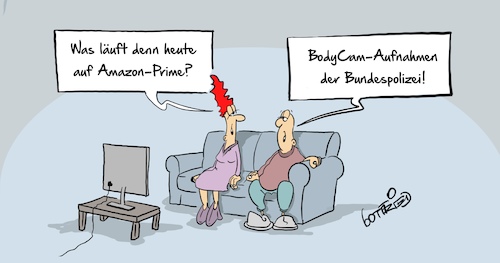 Cartoon: Bodycam (medium) by Marcus Gottfried tagged bodycam,bundespolizei,server,aufnahmen,amazon,gebrauch,nutzen,tv,fernseher,bodycam,bundespolizei,server,aufnahmen,amazon,gebrauch,nutzen,tv,fernseher