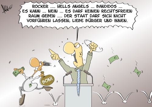 Cartoon: Bonirocker (medium) by Marcus Gottfried tagged hells,angels,boni,bank,gewinn,finanzen,krise,frankfurt,verlust,rocker,motorrad,club,geschäfte,rotlicht,kriminell,staat,polizei,bekämpfung