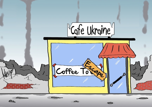 Cartoon: Coffee to Escape (medium) by Marcus Gottfried tagged ulraine,ostukraine,russland,angriff,marktwirtschaft,krise,verkauf,krieg,flucht,flüchten,vertriebene,vertreiben,ladenlokal,coffee,to,go,escape,kobane,peschmerga,ruine,einkommen,geld,marcus,gottfried,cartoon,karikatur,ulraine,ostukraine,russland,angriff,marktwirtschaft,krise,verkauf,krieg,flucht,flüchten,vertriebene,vertreiben,ladenlokal,coffee,to,go,escape,kobane,peschmerga,ruine,einkommen,geld,marcus,gottfried,cartoon,karikatur