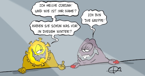 Cartoon: CoronaGrippe (medium) by Marcus Gottfried tagged herbst,winter,kreuzinfektion,infektion,grippe,erkältung,virus,viren,corona,covid,liebe,zuneigung,mischung,vermischung,herbst,winter,kreuzinfektion,infektion,grippe,erkältung,virus,viren,corona,covid,liebe,zuneigung,mischung,vermischung