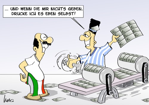 Cartoon: Eigendruck (medium) by Marcus Gottfried tagged euro,geld,griechenland,schulden,hilfe,notenbank,geldnoten,notenpresse,druck,maschine,banknoten,inflation,deflation,italien,europa,krise,bank