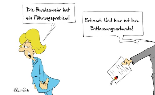 Cartoon: Entlassungsurkunde (medium) by Marcus Gottfried tagged entlassung,von,der,leyen,ministerin,bundeswehr,armee,verteidigungsministerin,kriegsminister,rechts,radikal,gedankengut,soldat,rücktritt,oberleutnant,bundeswehrskandal,skandal,feindschaft,freunde,marcus,gottfried,cartoon,karikatur,entlassung,von,der,leyen,ministerin,bundeswehr,armee,verteidigungsministerin,kriegsminister,rechts,radikal,gedankengut,soldat,rücktritt,oberleutnant,bundeswehrskandal,skandal,feindschaft,freunde,marcus,gottfried,cartoon,karikatur