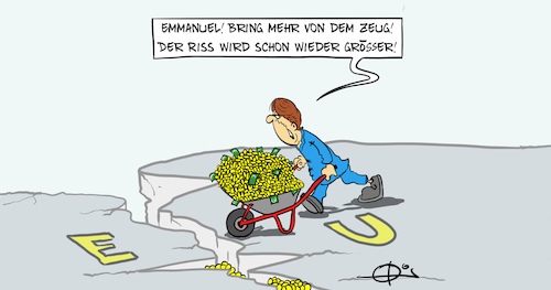 Cartoon: EU Riss (medium) by Marcus Gottfried tagged euro,eu,geld,schulden,hilfe,währung,eurobond,emmanuel,macron,merkel,schubkarre,boden,euro,eu,geld,schulden,hilfe,währung,eurobond,emmanuel,macron,merkel,schubkarre,boden