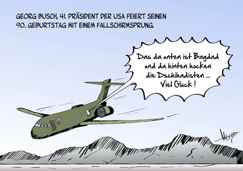 Cartoon: Fallschirmsprung (medium) by Marcus Gottfried tagged usa,georg,bush,präsident,vereinigte,staaten,staatsoberhaupt,ex,geburtstag,marcus,gottfried,cartoon,karikatur,feier,fallschirm,fallschirmsprung,irak,iran,dschihadisten,isis,kämpfer,bagdad,usa,georg,bush,präsident,vereinigte,staaten,staatsoberhaupt,ex,geburtstag,marcus,gottfried,cartoon,karikatur,feier,fallschirm,fallschirmsprung,irak,iran,dschihadisten,isis,kämpfer,bagdad