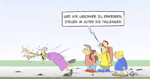 Cartoon: Fallzahlen (medium) by Marcus Gottfried tagged fallzahlen,corona,covid,infektion,neuinfektion,alter,sturz,fallzahlen,corona,covid,infektion,neuinfektion,alter,sturz