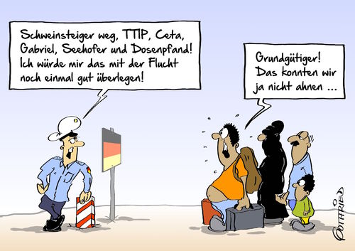 Cartoon: Flucht überlegen (medium) by Marcus Gottfried tagged ttip,ceta,flüchtling,flucht,fluchtgrund,mittelmeer,überraschung,flüchtlingswelle,seehofer,merkel,gabriel,dosenpfand,deutschland,grenze,abweisen,rückführung,ahnung,ahnen,freunde,marcus,gottfried,cartoon,karikatur,ttip,ceta,flüchtling,flucht,fluchtgrund,mittelmeer,überraschung,flüchtlingswelle,seehofer,merkel,gabriel,dosenpfand,deutschland,grenze,abweisen,rückführung,ahnung,ahnen,freunde,marcus,gottfried,cartoon,karikatur