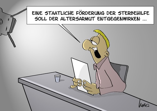 Cartoon: Förderung (medium) by Marcus Gottfried tagged sterbehilfe,altersarmut,armut,rente,alter,jugend,fernsehen,tv,ansager,sprecher,förderung,geld,unterstützung,kamera,hilfe,staat,schulden,sterbehilfe,altersarmut,armut,rente,alter,jugend,fernsehen,tv,ansager,sprecher,förderung,geld,unterstützung,kamera,hilfe,staat,schulden,demografischer,wandel,demographischer,demografie