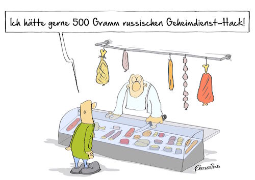 Cartoon: Geheimdienst Hack (medium) by Marcus Gottfried tagged russland,geheimdienst,hacker,ccc,angriff,cyber,spionage,us,wahl,online,offline,metzgerei,hackfleisch,trojaner,viren,abwehr,freunde,marcus,gottfried,cartoon,karikatur,russland,geheimdienst,hacker,ccc,angriff,cyber,spionage,us,wahl,online,offline,metzgerei,hackfleisch,trojaner,viren,abwehr,freunde,marcus,gottfried,cartoon,karikatur