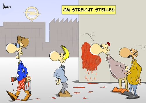 Cartoon: GM streicht (medium) by Marcus Gottfried tagged general,motors,gm,amerika,auto,farbe,stelle,streichen,lackieren,lack,cowboy,autoindustrie,industrie,fahrzeig,opel,astra,rüsselsheim,produktion,arbeitsmarkt,stellenabbau,arbeitslosigkeit,abhängigkeit