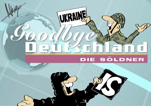 Cartoon: goodbye deutschland (medium) by Marcus Gottfried tagged goodbye,deutschland,tv,serie,fernsehen,vox,programm,auswanderer,auswandern,ukraine,söldner,is,islamischer,staat,russland,kämpfer,legionär,mitmachen,ausland,krieg,freude,spaß,ferien,urlaub,marcus,gottfried,cartoon,karikatur,goodbye,deutschland,tv,serie,fernsehen,vox,programm,auswanderer,auswandern,ukraine,söldner,is,islamischer,staat,russland,kämpfer,legionär,mitmachen,ausland,krieg,freude,spaß,ferien,urlaub,marcus,gottfried,cartoon,karikatur