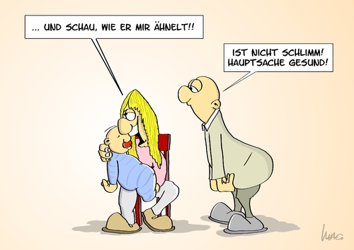 Cartoon: Hauptsache gesund! (medium) by Marcus Gottfried tagged hauptsache,gesund,gesundheit,kind,geburt,mann,frau,ehepaar,familie,nachwuchs,ähnlichkeit,ähneln,aussehen