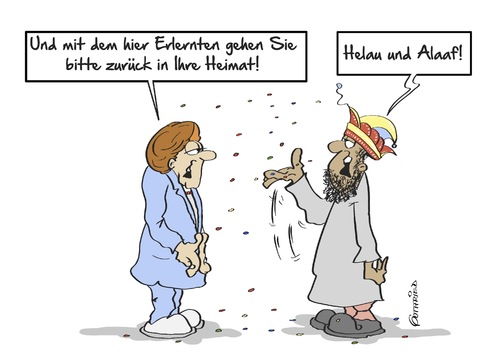 Cartoon: hier Erlerntes (medium) by Marcus Gottfried tagged merkel,flüchtlinge,asyl,zugezogen,heimat,rückkehrer,syrien,irak,iran,afghanistan,marokko,afrika,karneval,brauchtum,sitte,helau,alaaf,kamelle,prinz,fasching,freunde,marcus,gottfried,cartoon,karikatur,merkel,flüchtlinge,asyl,zugezogen,heimat,rückkehrer,syrien,irak,iran,afghanistan,marokko,afrika,karneval,brauchtum,sitte,helau,alaaf,kamelle,prinz,fasching,freunde,marcus,gottfried,cartoon,karikatur