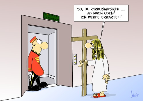 Cartoon: Himmelfahrt (medium) by Marcus Gottfried tagged feiertag,christi,himmelfahrt,vatertag,kirche,frei,wochenende,aufzug,glaube,jesus,page,oben,kreuz,fahrt,auferstehung,evangelisch,katholisch