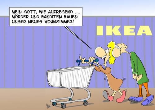 Cartoon: IKEA (medium) by Marcus Gottfried tagged ikea,möbel,möbelhaus,schweden,produktion,gefangene,ddr,cuba,montage,preiswert,billig,billy,regal,schrank,paar,einkauf,aufregung,spannung