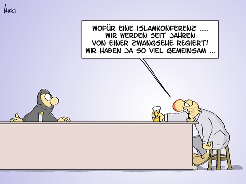 Cartoon: Islamkonferenz (medium) by Marcus Gottfried tagged islamkonferenz,berlin,regierung,vertreter,glaube,kirche,treffen,konferenz,gespräche,migration,ausländer,integration,deutschland,türkei,zwangsehe,gemeinsamkeit,koalition,cdu,fdp,partei