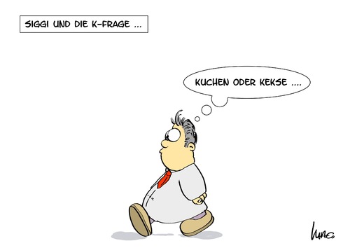 Cartoon: K-Frage (medium) by Marcus Gottfried tagged siggi,siegfried,gabriel,kfrage,kanzler,spd,partei,koalition,umfrage,troika,kuchen,keks,übergewicht