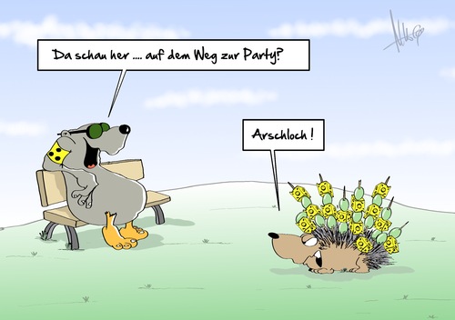 Cartoon: Kaeseigel (medium) by Marcus Gottfried tagged maulwurf,igel,party,feier,käse,nahrung,essen,mitbringen,käseigel,schadenfreude,pieckser,zahnstocher