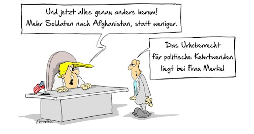 Cartoon: Kehrtwende (medium) by Marcus Gottfried tagged trump,kehrtwende,afghanistan,soldaten,stationieren,krieg,bleiben,wende,richtung,ausrichtung,merkel,meinung,wechseln,freude,marcus,gottfried,cartoon,karikatur,trump,kehrtwende,afghanistan,soldaten,stationieren,krieg,bleiben,wende,richtung,ausrichtung,merkel,meinung,wechseln,freude,marcus,gottfried,cartoon,karikatur