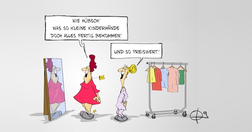 Cartoon: Kinderhände (medium) by Marcus Gottfried tagged kinderarbeit,kinderarmut,armut,dritte,welt,kleidung,indien,nähen,kinderarbeit,kinderarmut,armut,dritte,welt,kleidung,indien,nähen,lieferkette,mode,stange,kundin,kunde,discount,asien,afrika,osteuropa