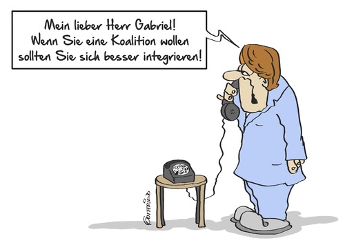 Cartoon: Koalition integrieren (medium) by Marcus Gottfried tagged asyl,flüchtlinge,asylpaket,integration,migranten,einwanderung,koalition,spd,cdu,csu,merkel,gabriel,sigmar,telefon,drohung,freunde,marcus,gottfried,cartoon,karikatur,asyl,flüchtlinge,asylpaket,integration,migranten,einwanderung,koalition,spd,cdu,csu,merkel,gabriel,sigmar,telefon,drohung,freunde,marcus,gottfried,cartoon,karikatur