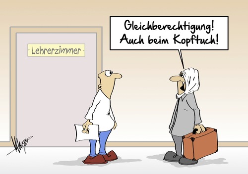 Cartoon: Kopftuchverbot (medium) by Marcus Gottfried tagged kopftuchverbot,kopftuch,glaube,religion,moslem,islam,gleichberechtigung,lehrer,lehrerzimmer,schule,unterricht,kirche,gericht,urteil,mann,frau,bekenntnis,marcus,gottfried,cartoon,karikatur,kopftuchverbot,kopftuch,glaube,religion,moslem,islam,gleichberechtigung,lehrer,lehrerzimmer,schule,unterricht,kirche,gericht,urteil,mann,frau,bekenntnis,marcus,gottfried,cartoon,karikatur