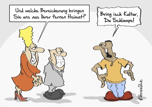 Cartoon: kulturelle Bereicherung (medium) by Marcus Gottfried tagged kultur,zuzug,ausländer,fremder,fremd,verhältnis,frau,mann,kind,respekt,bereitschaft,bereicherung,glücksfall,marcus,gottfried,cartoon,karikatur,kultur,zuzug,ausländer,fremder,fremd,verhältnis,frau,mann,kind,respekt,bereitschaft,bereicherung,glücksfall,marcus,gottfried,cartoon,karikatur