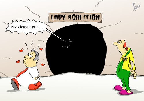 Cartoon: Lady Koalition (medium) by Marcus Gottfried tagged regierung,wahl,bundestag,koalition,cdu,spd,grüne,höhle,angebot,anfrage,marcus,gottfried,cartoon,karikatur,liebe,verliebt,lady,dame,nächste,wechsel,nachfrage,merkel,herz,konkurrenz