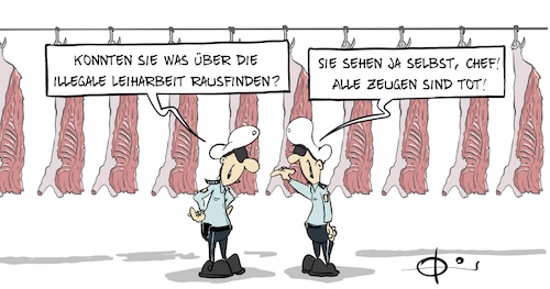 Cartoon: Leiharbeit (medium) by Marcus Gottfried tagged leiharbeit,fleisch,fleischindustrie,schlachthof,leiharbeiter,ostblock,rumänien,razzia,polizei,mundtot,zeigen,aussagen,kontrolle,leiharbeit,fleisch,fleischindustrie,schlachthof,leiharbeiter,ostblock,rumänien,razzia,polizei,mundtot,zeigen,aussagen,kontrolle