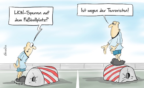 Cartoon: LKW Sperre (medium) by Marcus Gottfried tagged fußball,dortmund,is,isis,terror,bus,mannschaftsbus,bombe,zeitzünder,angriff,sport,borussia,monaco,angst,abbruch,mannschaft,elf,freunde,marcus,gottfried,cartoon,karikatur,fußball,dortmund,is,isis,terror,bus,mannschaftsbus,bombe,zeitzünder,angriff,sport,borussia,monaco,angst,abbruch,mannschaft,elf,freunde,marcus,gottfried,cartoon,karikatur