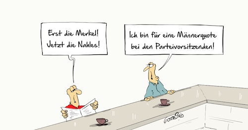 Cartoon: Männerquote (medium) by Marcus Gottfried tagged männerquote,parteivorsitz,merkel,nahles,frau,mann,ausgleich,quote,marcus,gottfried,cartoon,karikatur,männerquote,parteivorsitz,merkel,nahles,frau,mann,ausgleich,quote,marcus,gottfried,cartoon,karikatur