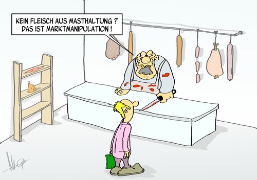 Cartoon: Marktmanipulation (medium) by Marcus Gottfried tagged öko,markt,manipulation,absatz,verkauf,fleisch,vegetarier,veganer,vegan,essen,mahlzeit,marcus,gottfried,cartoon,karikatur,metzgerei,fleischer,fleischerei,wurst,schinken,braten,mast,massentierhaltung,stall,schwein,rind,pute,huhn,regal,salami,öko,markt,manipulation,absatz,verkauf,fleisch,vegetarier,veganer,vegan,essen,mahlzeit,marcus,gottfried,cartoon,karikatur,metzgerei,fleischer,fleischerei,wurst,schinken,braten,mast,massentierhaltung,stall,schwein,rind,pute,huhn,regal,salami