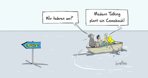 Cartoon: Modern Talking (medium) by Marcus Gottfried tagged modern,talking,umkehr,reunion,comeback,thomas,anders,flucht,flüchten,mittelmeer,route,dieter,bohllen,modern,talking,umkehr,reunion,comeback,thomas,anders,flucht,flüchten,mittelmeer,route,dieter,bohllen