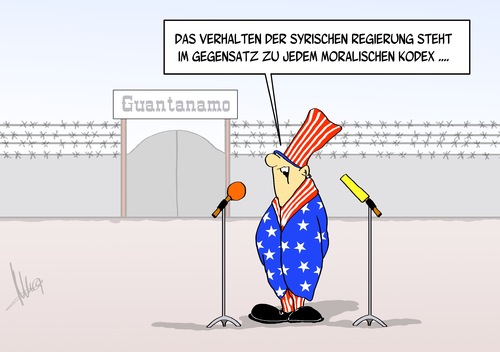 Cartoon: Moralischer Kodex (medium) by Marcus Gottfried tagged erklärung,giftgas,angriff,syrien,obama,kerry,regierung,usa,spannung,kodex,moral,ethik,guantanamo,gefangene,vergleich,assad,rebellen,freie,syrische,armee