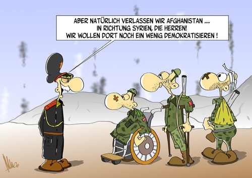 Cartoon: Nach Syrien (medium) by Marcus Gottfried tagged armee,soldat,soldaten,angriff,demokratie,syrien,afghanistan,einmarsch,pause,general,grund,begründung,angriffskrieg,giftgas,nato,nahe,osten