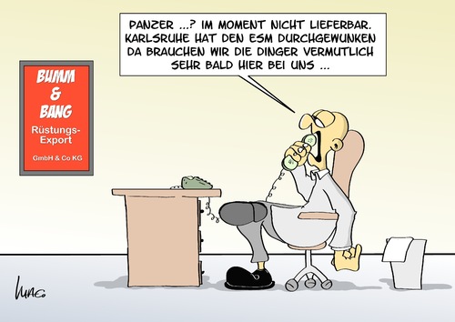 Cartoon: Nicht lieferbar (medium) by Marcus Gottfried tagged esm,karlsruhe,geschäfte,lieferung,panzer,export,rüstung,krise,europa,bundesverfassungsgericht,klage,urteil,demokratie,widerstand,aufstand