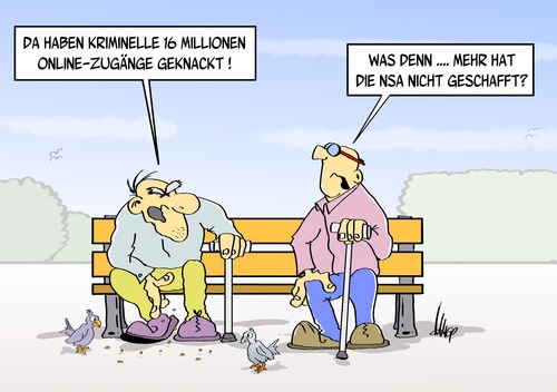 Cartoon: online geknackt (medium) by Marcus Gottfried tagged online,password,passwort,marcus,gottfried,cartoon,karikatur,rentner,alte,parkbank,park,gespräch,taube,tauben,füttern,futter,tier,enttäuschung,nsa,abhören,vorratsdaten,speicher,speicherung,kriminelle,kriminell,millionen,aushorchen,abfangen,online,password,passwort,marcus,gottfried,cartoon,karikatur,rentner,alte,parkbank,park,gespräch,taube,tauben,füttern,futter,tier,enttäuschung,nsa,abhören,vorratsdaten,speicher,speicherung,kriminelle,kriminell,millionen,aushorchen,abfangen