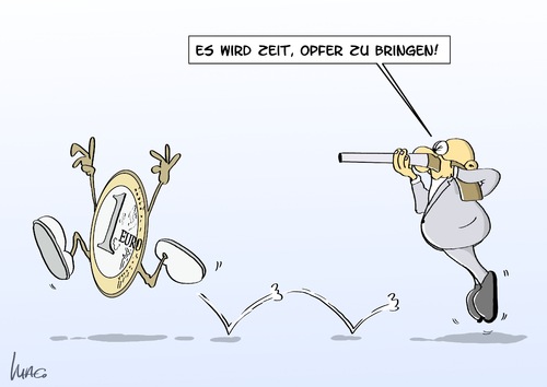 Cartoon: Opfer bringen (medium) by Marcus Gottfried tagged europa,finanzen,geld,euro,währung,krise,ofer,schuss,abschuss,jagd,schuldiger,jäger,gewehr,münze,flucht,erledigen