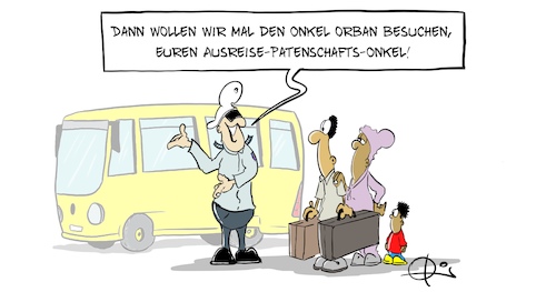 Cartoon: Patenschaft (medium) by Marcus Gottfried tagged ausreisepatenschaft,patenschaft,ausreise,orban,europa,von,der,leyen,eu,flüchtlinge,politik,einigung,ausreisepatenschaft,patenschaft,ausreise,orban,europa,von,der,leyen,eu,flüchtlinge,politik,einigung