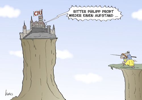 Cartoon: Ritter Philipp (medium) by Marcus Gottfried tagged philipp,rösler,fdp,cdu,regierung,wirtschaft,minister,berlin,koalition,merkel,kanzlerin,jugend,kampf,burg,ritter,angriff,revolte,widerspruch,aufstand,pferd,lanze,abgrund,absturz