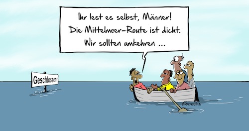 Cartoon: Route dicht (medium) by Marcus Gottfried tagged flüchtlinge,flucht,asyl,mittelmeer,mittelmeerroute,route,italien,griechenland,auffanglager,europa,libyen,milizen,abwehren,aufhalten,werte,meer,boot,freude,marcus,gottfried,cartoon,kariktur,flüchtlinge,flucht,asyl,mittelmeer,mittelmeerroute,route,italien,griechenland,auffanglager,europa,libyen,milizen,abwehren,aufhalten,werte,meer,boot,freude,marcus,gottfried,cartoon,kariktur