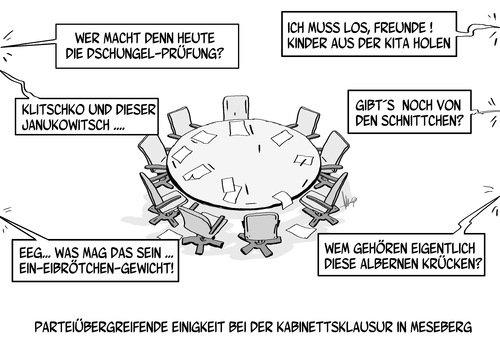 Cartoon: runder Tisch (medium) by Marcus Gottfried tagged meseberg,regierung,schloss,bundesregierung,klausurtagung,besprechung,runder,tisch,marcus,gottfried,cartoon,karikatur,merkel,gabriel,dschungel,prüfung,kita,kinder,einigkeit,schnittchen,krücken,angela,eeg,energie,klitschko,janukowitsch,ukraine,wissen,allgemeinbildung,prioritäten,regierung,meseberg,schloss,bundesregierung,klausurtagung,besprechung,runder,tisch,marcus,gottfried,cartoon,karikatur,merkel,gabriel,dschungel,prüfung,kita,kinder,einigkeit,schnittchen,krücken,angela,eeg,energie,klitschko,janukowitsch,ukraine,wissen,allgemeinbildung,prioritäten