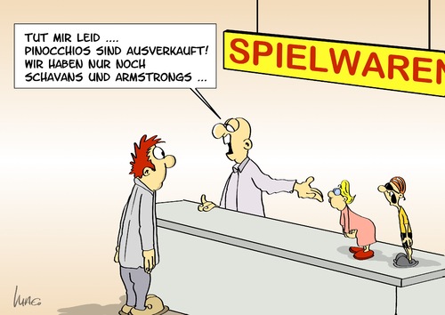 Cartoon: Schavans (medium) by Marcus Gottfried tagged schavan,armstrong,lance,doping,doktorarbeit,lüge,lügen,lügendetektor,radrennen,bildungsminister,doktortitel,plagiat,betrug,tour,de,france,spielwaren,geschäft,pinocchio,holzfigur,lügenbaron